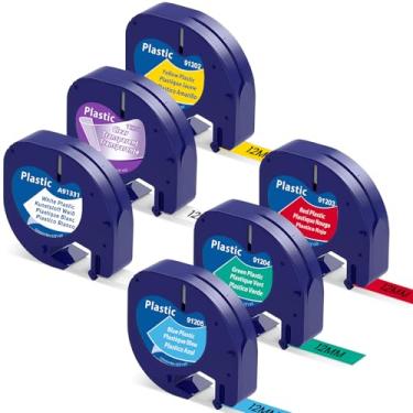 Imagem de Pacote com 6 refis de substituição para Dymo Letratag refil de etiquetas coloridas Dymo 12 mm x 4 m de plástico colorido compatível com LetraTag LT-100H 100T 200B, preto em branco/transparente/amarelo