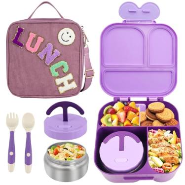 Imagem de Lancheira com caixa Bento com 4 compartimentos, com pote térmico à prova de vazamento, lancheira isolada de veludo cotelê para mulheres, meninas, crianças, adolescentes, escola, viagem, piquenique