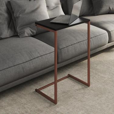 Imagem de Mesa Lateral Apoio de Sofá Charmme Ferro Cobre Tampo Preto 70cm Pés de Aço Industrial Decoração Para Casa
