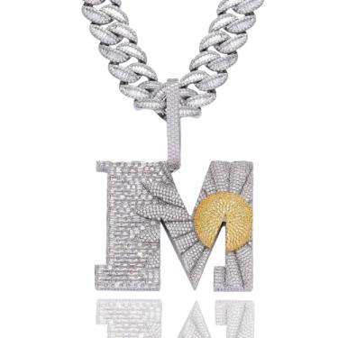 Imagem de ICEDIAMOND Pingente de letra M jumbo com corrente cubana de arco gelado de 20 mm, banhado a ouro 18 K, diamante de zircônia cúbica, hip hop, para homens e mulheres, Latão, Zircônia cúbica