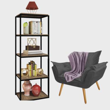 Imagem de Kit Poltrona Fatte com Manta Soft Lilás e Estante Livreiro Ferro Preto mdf Rústico Suede Cinza - Ahz Móveis