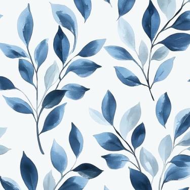 Imagem de VOLEAAR Papel de parede de folha azul Boho Peel and Stick – 44,5 cm x 998,2 cm papel de contato floral azul vinil autoadesivo para paredes de quarto e banheiro, decoração moderna de papel de parede