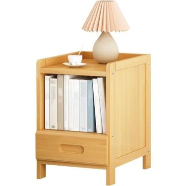 Imagem de PEYNIR Mesa de cabeceira com gavetas e mesa de cabeceira aberta para quarto de armazenamento armário de armazenamento de bambu natural mesa de centro cabeceira baú estreito