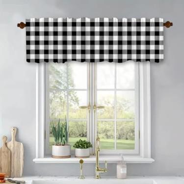 Imagem de Cortinas pretas e brancas de tratamento de janelas xadrez curtas para cozinha, cortinas blackout, bolso para varão, painel para banheiro, quarto, sala de estar, 137 x 45 cm