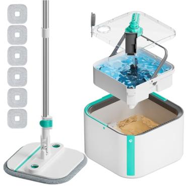 Imagem de INWEJIA Conjunto De Esfregão Giratório E Balde Atualizado, Autônomo Com Sistema Separado Para Água Suja Limpa, Autotorção, Rotação 360°, Esfregões Baldes Dobráveis 90° Limpeza Pisos (Azul, 6 Almofad