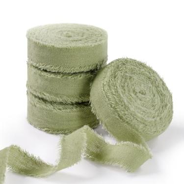 Imagem de FAKILO Fita de algodão rústico natural com borda desgastada, verde sálvia, fita 100% algodão 1,5 cm x 24 m para buquês de casamento vintage, convites, chá de bebê, embrulho de presente, artesanato DIY
