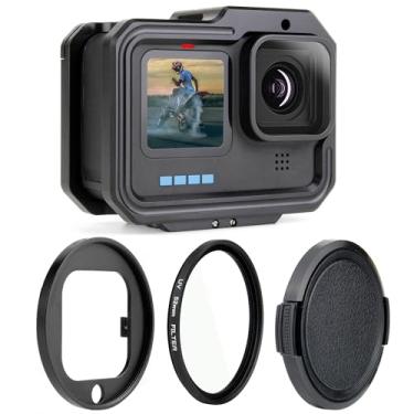 Imagem de GEPULY Capa com moldura de alumínio para GoPro 13 12 11 10 9 preta, caixa protetora de dedos magnéticos com compartimento lateral aberto com filtro de lente UV de 52 mm e base de filtro removível para
