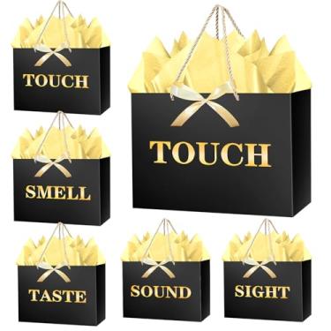 Imagem de JWSCYSY Sacos de presente médios 5 sentidos de 28 cm com papéis de seda e fitas para homens, mulheres, aniversário para ele, aniversário, casamento, dia dos namorados (preto dourado)