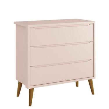 Imagem de Cômoda Infantil 3 Gavetas Theo Retrô Rosa Fosco com Pés Amadeirado - R