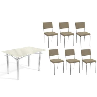 Imagem de Sala de Jantar Completa Elba Tampo Madeirado c/ Vidro 120cm e 6 Cadeiras Zaria Cromada/Off White - Boucle Bege - Kappesberg