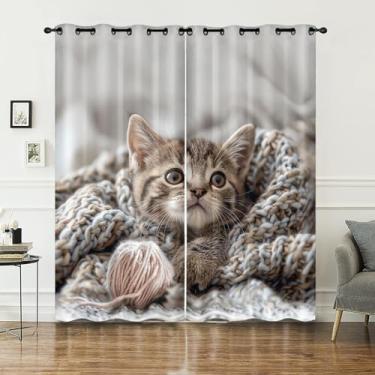 Imagem de AILONEN Conjunto de capa de edredom de gato Hairball, 3D, animais, gatinho, camadas, decoração de design de animais, sala de estar, quarto, janela, conjunto de 2 painéis, 106,7 cm L x 160 cm A