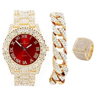 Imagem de Mostrador masculino dourado Big Rocks com mostrador vermelho de sangue e números romanos com relógio totalmente Iced Out c/pulseira de corrente cubana e tamanho do anel – Vermelho/Ouro – ST10327CRG, Dourado, 10