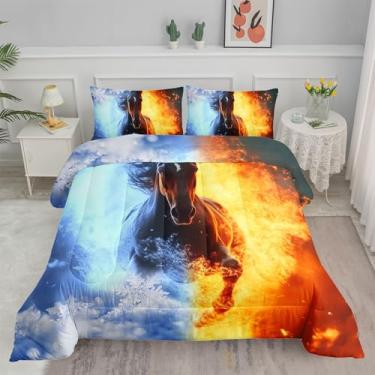 Imagem de Smell Sunshine Jogo de cama com estampa de cavalo 3D, fogo e gelo, com 1 edredom e 2 fronhas para quarto de meninos e meninas (solteiro)