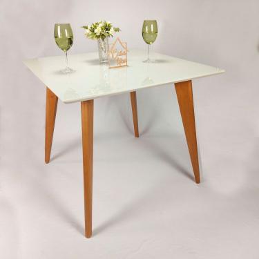 Imagem de Mesa De Jantar Tampo Com Vidro Quadrada 90x90cm Slim Casa Uai Off White