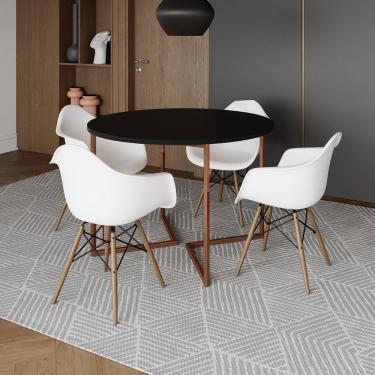 Imagem de Mesa Jantar Industrial Preta 110Cm Redonda Base V Cobre Com 4 Poltronas Brancas Madeira Cor: Preto