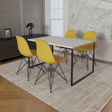 Imagem de Mesa Industrial Base Ferro Preto Tampo 137X90 Branco 4 Cadeiras Ferro Preto Assento Amarelo Branco