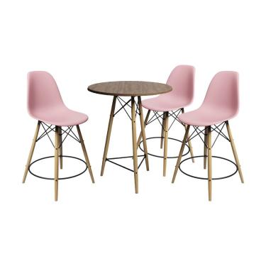 Imagem de Kit 3 Banquetas Bistrô Eames Eiffel Madeira Maciça Assento Plástico Polipropileno Marrom Rosa UP Home
