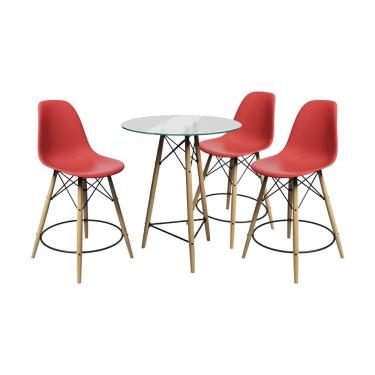 Imagem de Kit 3 Banquetas Bistrô Eames Eiffel Moderno Madeira Maciça Assento Plástico Vermelho UP Home