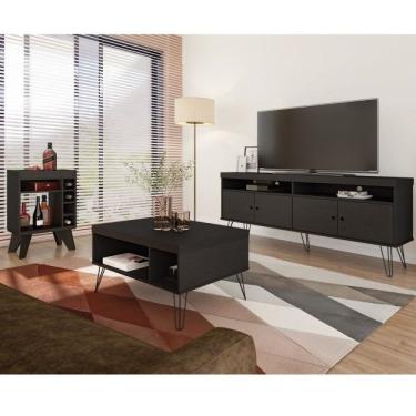 Imagem de Conjunto Sala De Estar Rack Para Tv Até 60 Pol Com Mesa De Centro Retangular E Bar Com Espelho Drink Preto
