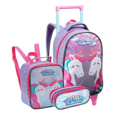 Imagem de Kit Mochila Rodinha Lancheira Térmica Estojo Escolar Menina Feminina Infantil Seanite Unicórnio