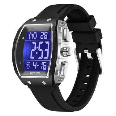 Imagem de findtime Relógio digital masculino Tonneau esportivo à prova d'água moda grande alarme LED relógio masculino calendário horário duplo casual pulseira de silicone, Preto, prata, Casual