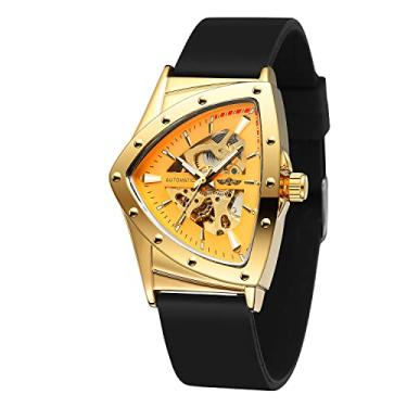 Imagem de FORSINING Novo relógio de pulso masculino à prova d'água esqueleto mecânico triangular com pulseira de silicone, Dourado e preto 3, Mecânica