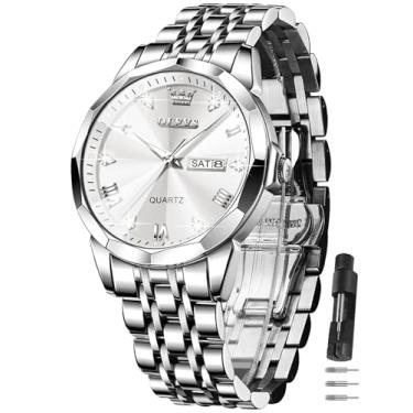 Imagem de OLEVS Relógio masculino, relógios masculinos prateados clássicos, à prova d'água, aço inoxidável, números romanos, relógio masculino fácil de ler (azul/branco/cinza/preto), Round