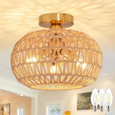 Imagem de AyshwillDec Luminária De Vime 11,8" Com 3 Luzes, Estilo Boho, Semi-Embutida, Para Teto, Perto Luminárias Fazenda, Abajur Feito À Mão Hall Entrada