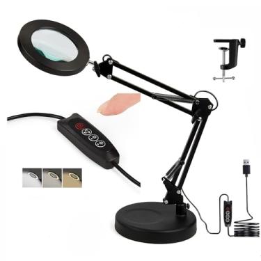 Imagem de Rsowagl Lupa 10X Com Luz E Suporte, Luminária De Mesa Led 2 Em 1 Viva-Voz, 3 Modos Cor, Escurecimento Contínuo, Braço Leitura Ajustável, Artesanato, Reparos, Costura