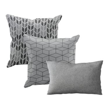 Imagem de kit 3 Capas de Almofada Tear Alto Padrão 2x 45x45 + 1x 30x50 (KIT D 22 Cinza Grafite Branco Marfim - KIT D SOFA ENCOSTO ALGODAO JACQUARD)