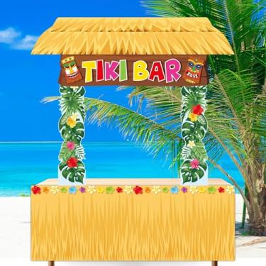 Imagem de 4 peças decoração havaiana tiki bar Tiki Hut faixa de porta decoração folhas de palmeira grama saia de mesa pendurado pano de fundo para verão Aloha praia tropical piscina festa suprimentos