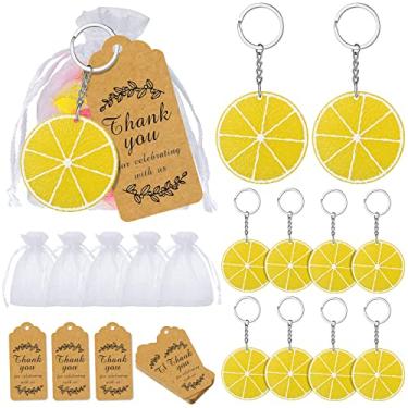 Imagem de 36 conjuntos de chaveiros lembrancinhas de festa chá de bebê lembrancinhas de retorno prêmios de carnaval escolar com etiquetas Kraft de agradecimento Bolsas de presente de organza para crianças, aniversário, chá de bebê, suprimentos, sacolas (limão)