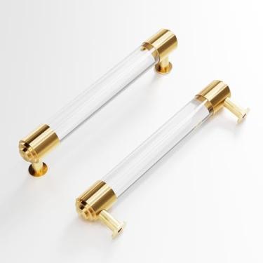 Imagem de KOXHERO Puxadores modernos de latão e acrílico para armário de cozinha com orifício central de 12,4 cm, pacote com 4, elegante puxador de gaveta dourado charmoso para armário armário guarda-roupa