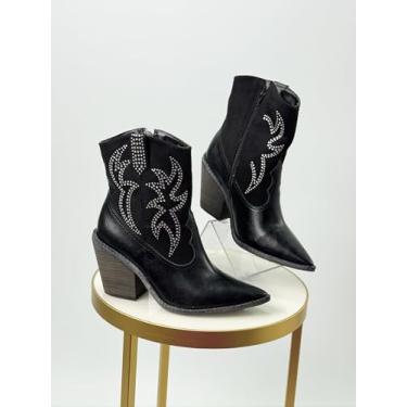 Imagem de Bota Texana Feminina com Strass, Bico Fino, Salto 4.5cm, Cano Médio 12cm, Couro Preto e Caramelo (PRETO, BR, Adulto, Numérico, 36)