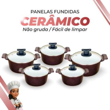 Imagem de Jogo De Panelas Cerâmica Branca Antiaderente 5 Peças Cereja Tampa De V