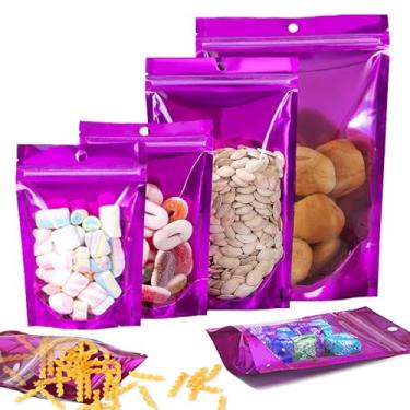 Imagem de Pacote com 100 sacos Mylar roxos resseláveis 19 x 26 cm - Sacos Ziplock à prova de cheiro com janela para armazenamento de alimentos, embalagens para pequenas empresas e lembrancinhas de festa