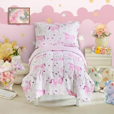 Imagem de Conjunto de cama infantil Uniorn para meninas, rosa claro, unicórnio colorido, 4 peças, com flores rosa macias, princesa, branca, em uma bolsa, conjunto de lençol rosa e fronhas