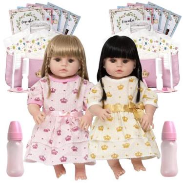 Imagem de Bebê Estilo Reborn Gêmeas Princesa Silicone 46cm Bolsa Itens - Cegonha