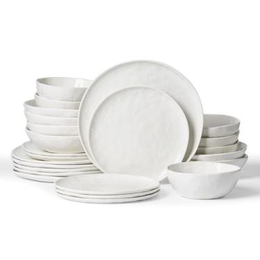 Imagem de Famiware Conjunto de pratos e tigelas de cozinha de porcelana, conjunto de pratos modernos para 6, conjuntos de louça Wave Edge feitos à mão, utensílios de mesa para micro-ondas e lava-louças, branco