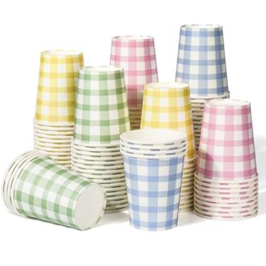Imagem de 120 copos de papel para festa guingão de 255 g, copos de papel xadrez descartáveis de 4 cores, azul claro, verde claro, amarelo claro e rosa claro para decoração de casamento, aniversário, festa de