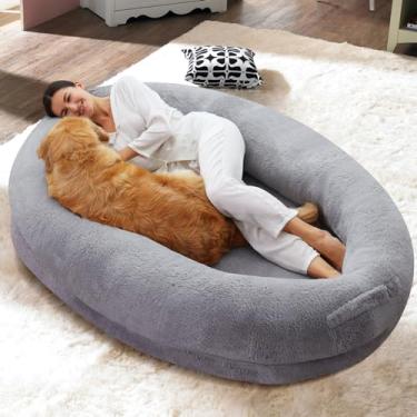 Imagem de SUNYRISY Cama grande para cães humanos, 180 x 119 x 30 cm, cama para cães adultos e adultos, cama de cachorro gigante lavável de pele sintética antiderrapante para humanos dormindo, camas para cães