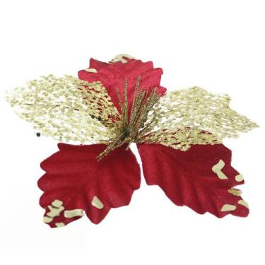 Imagem de Kit 2 Flor De Natal Vermelha Artificial Com Brilho 19cm - Gici Christm