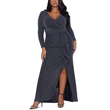 Imagem de Betsy & Adam Vestido feminino plus size com decote em V e manga comprida de malha metálica com babados e fenda lateral, Preto/prata, 52