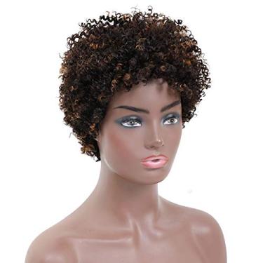Imagem de Ms Taj Perucas de cabelo humano encaracolado afro curto para mulheres negras, brasileiras virgens brasileiras curtas, afro, sem renda, densidade 150% não processada, peruca afro cabelo humano encaracolado feito à máquina (FS 1B/30#, peruca afro)