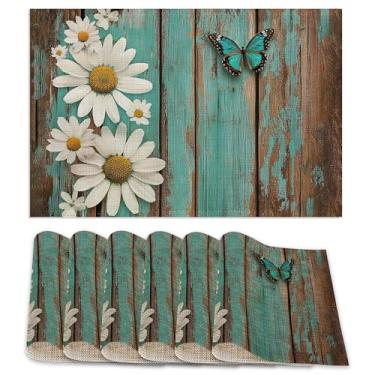 Imagem de Jogo americano conjunto de 6, tapetes de mesa de margarida branca, tapetes de mesa de linho laváveis em madeira vintage, antiderrapantes, resistentes ao calor, para festas, cozinhas, jantares