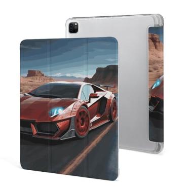 Imagem de Capa para iPad Pro 2020, 2021, 2022, 12,9 polegadas com suporte para lápis, vermelho, carro de corrida, três dobras, capa protetora, traseira fina, despertadora automática