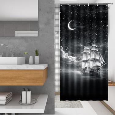 Imagem de Lokigo Cortina de chuveiro Nautical Sailboat Small Stall 91,4 cm L x 183 cm A, navio pirata, oceano, onda, meio tamanho, cortinas de chuveiro estreitas RV Stand Up impermeável poliéster para decoração