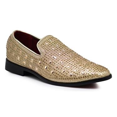 Imagem de Sapato social masculino SPK11 vintage com strass e mocassins, sem cadarço, clássico, smoking, Dourado, 13