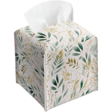 Imagem de Porta-caixa de lenços para presentes, folhas verdes e caixa de lenços de samambaia suporte de couro impermeável, ideia de presentes de aniversário de Natal, estojo de papel facial decorativo para casa