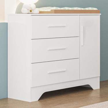 Imagem de Cômoda Infantil Popy Retrô Plus 1 Porta E 3 Gavetas Branco Brilho - Móveis Peroba